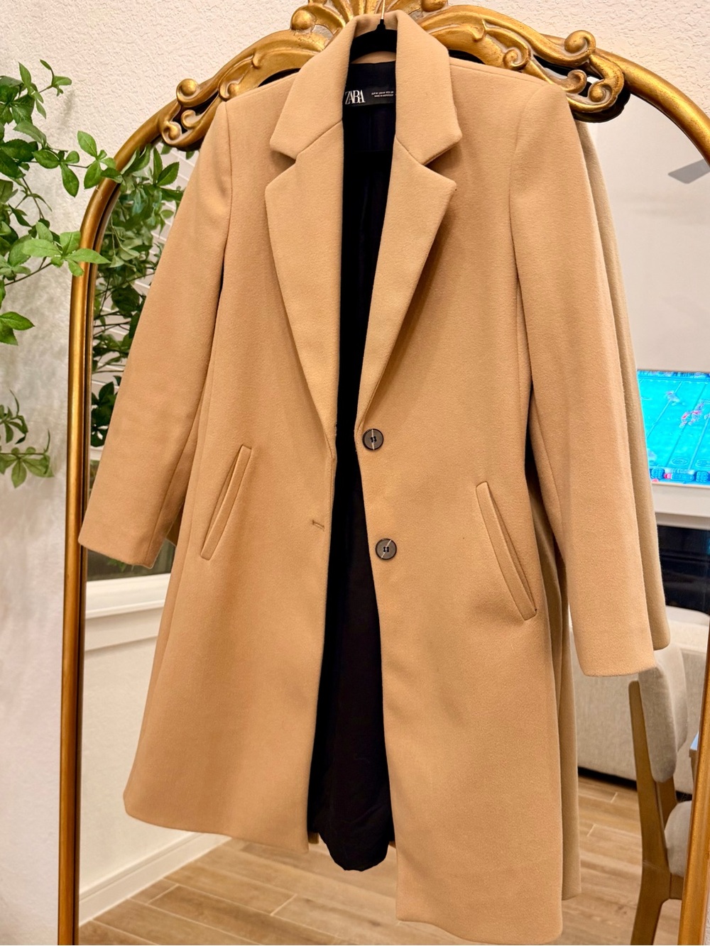 Zara Camel Single-Breasted Wool-Blend Trench Coat